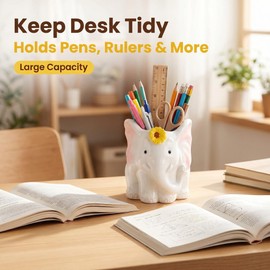 dgudgu White Elephant Pen Holder Ceramic Desk Organizer Cup Pencil Holder