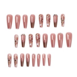 Hkanlre Coffin Long Press on Nails Acrylic Jelly Flower Fake Nails French Ballerina Full Cover Brown False Nails for Women and Girls 24PCS