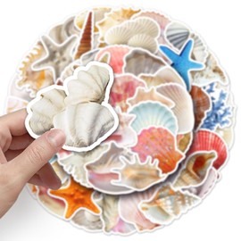 50Pcs Shell Stickers for Water Bottle,Notebook,Scrapbook,Skateboard,Motorcycle, Suitcase,Bumper,Bike,Laptop,Kawaii Aesthetic Ocean Shell Waterproof Sticker,Girls Teens Gift,Cartoon Cute Decals