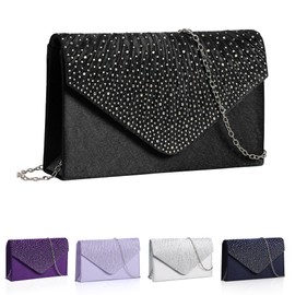Srvillg Women Clutch Bag, Lilac Satin Evening Clutch Bags, Wedding Shoulder Bags Women's Clutches with Detachable Chain Strap for Bride Prom Party Holiday (Black)