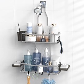 Aitatty Hanging Shower Caddy Bathroom Organizer: Rustproof Shower Shelf Racks Over Shower Head - No Drilling Inside Bath Shower Rack Shelves Over Showerhead for Shampoo with Soap Holder Silver