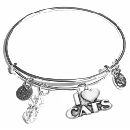 Hidden Hollow Beads Message Charm (22 words to choose from) Expandable Wire Bangle Bracelet, in the popular style, COMES IN A GIFT BAG! (I Love Cats)