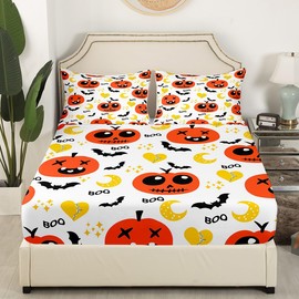 Feelyou - Juego de sábanas para decoración de Halloween para niños, tamaño queen, diseño de calabaza de dibujos animados, Kawaii, juego de ropa de cama para niños pequeños, adolescentes, niños,