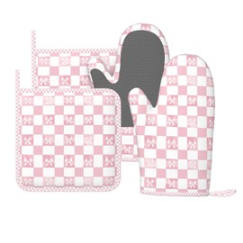 Oven Mitts and Pot Holders Pink Check Bow Pattern Silicone Kitchen Accessories Set of 4 Heat Resistant Long Gloves Potholder Non-Slip Grip for Chef Cooking Baking Grilling BBQ