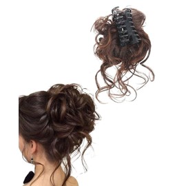 BPTRKOM Natürlich aussehende Damen-Haarteile – Verlängerung für Dutt, Pferdeschwanz & Hochsteckfrisuren Lockig, Wellig & Messy Look, Synthetik,Mit Klaue & Clip für sicheren Halt(Dunkelbraun)