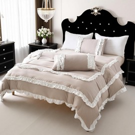 Bedorm Taupe Comforter King Chic Ruffle Bedding Comforter Set White Ruffle Lace Farmhouse Bedroom Decor Shabby Chic Quilt Comforter