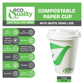 12 oz Compostable Paper Cups with White Dome Lids - Biodegradable Disposable White Paper Coffee Cups PLA Lined - Eco-friendly Hot and Cold Drinking Cups (100)