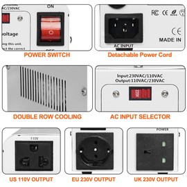 Yinleader Step Up/Down Voltage Converter Transformer Convert 110V/120V to 220V/240V or from 220V/240V to 110V/120V 800W with US/UK/EU Power Cords