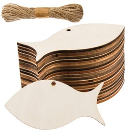 72 Pieces Fish Wooden Cutouts with Holes Unfinished Wood Fish Shape Cutouts Blank Wooden Sea Animals Hanging Ornaments Natural Wood Fish Tags Slices with Twine for DIY Crafts Party Decoration