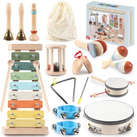 11 in 1 Baby Musical Instruments Set, Montessori Wooden Musical Toys for Toddlers 3+, Wooden Neutral Colors Percussion Instruments Toy with Modern Boho Xylophone for Kids Birthday Gift 3+ Year Old