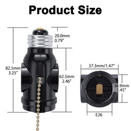 DiCUNO E26 Light Socket to 2-Prong Outlet Adapter with Pull Chain, UL Listed, Black, 15.75 in Chain, for Ceiling & Porch Lights, Pack of 4