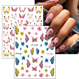 Butterfly Nail Art Stickers 3D Self Adhesive Flower Nail Stickers with Nail Tweezers Fall Colorful Butterflies Flowers Nail Design Stickers Cute Floral Nail Decals for Women Girl 6 Sheets