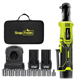 SnapFresh Cordless Electric Ratchet Wrench – 55 ft-lbs Torque, 12V Sub-Compact 3/8" Drive Power Tool with Variable Speed, 9 Sockets, 1/4" Adapter, (2×2.0Ah Batteries & Fast Charger)