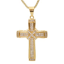 Balaijor Mens and Womens Hip Hop Iced Out Rhinestones Necklace 18K Gold Plated Stainless Steel Cross Pendant Necklace(Gold)