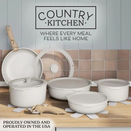 Country Kitchen Cookware Set with Removable Handle, Oven & RV Safe Pots and Pans Set, Cream Gold Speckle Wood Handle, Original