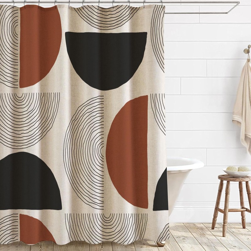 Jimuzi Boho Minimalistic Linen Shower Curtain Abstract Geometric Shapes Lines