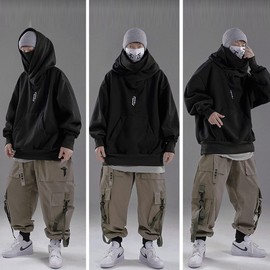 ELKNLMU Ninja Double Neckline Cotton Pullover Techwear Harajuku Men Hoodie Hip Hop Streetwear Hoodies Sweatshirts (Large, Black)