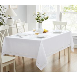 Newbridge Fabric Rectangle Tablecloth, 60 x 84 Inch, Summer Provence Lattice Cutwork Solid Color Textured, Water and Stain Resistant Easy Care Fabric Table Cloth for Parties and Buffets, White