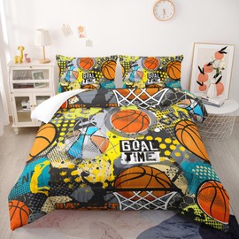 Nttopship Basketball Bedding Set Queen Size for Kids Teens and Adults Vibrant Basketball Game Printed Comforter Set for Bedroom Soft Microfiber Print Quilt Set with 1 Comforter and 2 Pillowcases