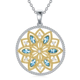 CTIEIP Sterling Silver 1/10cttw I2-I3 Clarity Diamonds Blue Topaz and Diamonds Accent Filigree Mandala Pendant Necklace for Women(I2-I3 Clarity)