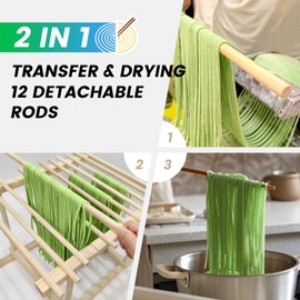 VAZINE Wooden Pasta Drying Rack with 12 Detachable Rods & Fixed Grooves, Effortless Pasta Transfer, Holds Short/Long Noodles