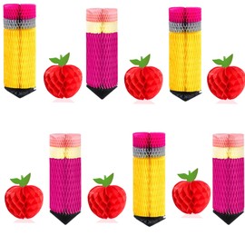 12Pcs Back to School Hanging Honeycomb, Pencil Apple Classroom Hanging Decorations, First Day of School Party Supplies Decor（Mixed）
