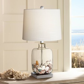 Coastal Accent Table Lamp 21.75" High Clear Glass Fillable Sea Shells White Drum Shade for Living Room Family Bedroom Bedside - 360 Lighting