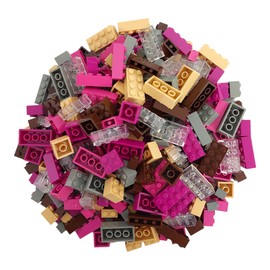 Q-Bricks Bausteine Box Spezialmischung | 300 Grundbausteine in 5 Formen | Farben: Sandgelb, Nussbraun, Steingrau, Verkehrsviolett, Magenta und Transparent | Verpackt in Einer wiederverwendbaren Box