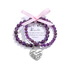 Jovivi 2pcs Love Heart Healing Crystal Bracelets for Women Natural Amethyst Stone Beaded Bracelet Set for Mom Mother Daughter Matching Puzzle Heart Charm Bracelet Jewelry Mother's Day Gift