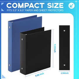 Henoyso 6 Pcs Mini 3 Ring Binders Plastic 2'' Binder, Fits 5.5" x 8.5" Paper Holds(Capacity 375 Sheets), Flexible Three Round Rings Small Black Binders Bulk for School, Office Use, Photo Album Pages