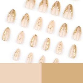 24 Pcs Reusable Press on Nails Medium Length Fake Nails with Glue Almond Shape False Nails with 3D Gold Stripe Design Acrylic Nails Press ons Almond Glue-Free Nails for Women Artificial Nails