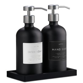 Glass Soap Dispenser Set of 2 (Black) with Silicone Tray | Hand and Dish Soap Dispenser for Kitchen and Bathroom | 16.8 Oz Glass Bottles with Stainless Steel Pump & 15 Waterproof Labels (Black/Silver)