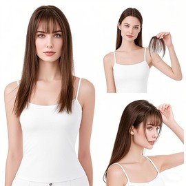 One Piece Clip in Neat Flat Bangs Extension Hand Made Human Hair Invisible 15cm Straight Forehead Wispy Fringe with Temples Smart 6g Hairline Replacement Wiglet (Light Brown)