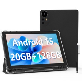 Android 15 Tablet 10 inch Tablets, 20GB RAM 128GB ROM 2TB Expand, 2.0Ghz CPU Quad-Core Processor Tablet PC with Case and Stylus, 5G WiFi6, BT5.0, 6000mAh Battery, Dual Camera, Widevine L1, GMS, Black