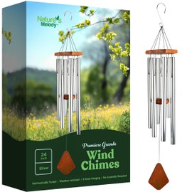 Nature’s Melody Premiere Grande Tunes Wind Chimes – Outdoor Windchime with 6 Tubes Tuned to E Pentatonic Scale, Rustproof Aluminum, Beech Wood & S Hook Hanger (Silver, 24 Inch)