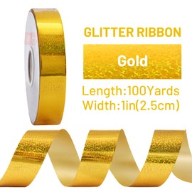 FAKILO 2.5cm x 100Yards Gold Laser Curling Ribbon, Waterproof Outdoor Holographic Ribbon for Gift Wrapping, Bows, Christmas Decor, Bird Reflective Deterrent