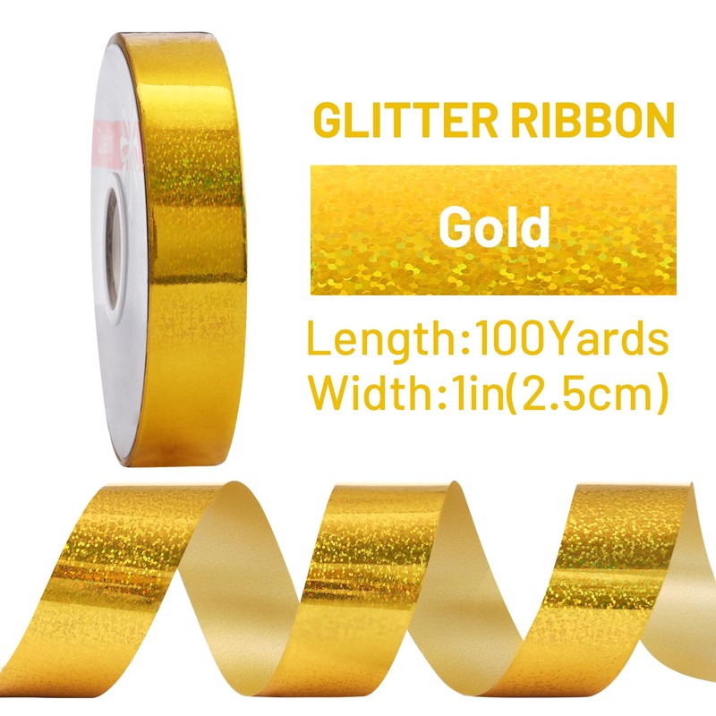 FAKILO 2.5cm x 100Yards Gold Laser Curling Ribbon, Waterproof Outdoor