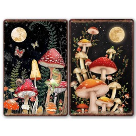 ckdiluy Vintage Mushrooms Metal Sign, Mushroom Decor, Retro Mushroom Wall Decor for Kitchen Bedroom Garden Store Cafes Bar Club Poster（2pcs）