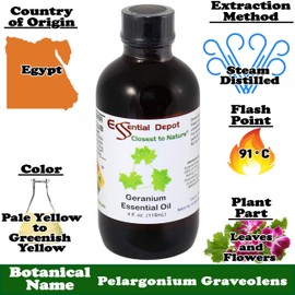 Essential Depot Geranium Essential Oil - GC/MS Tested - Supplied in 4 oz. Amber Glass Bottle with Black Phenolic Cone Lined and Safety Sealed Cap