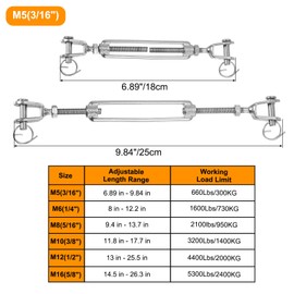 sourcing map 4Pcs M5(3/16") Jaw and Jaw Turnbuckles Wire Rope Tension, 304 Stainless Steel Turnbuckle Adjustable Cable Tensioner for Shade Sail, Clothesline, 660 lbs Working Load Limit
