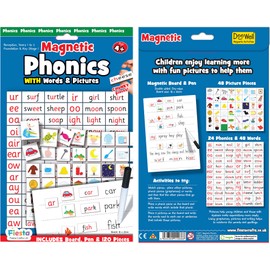 Fiesta Crafts Phonics Magnetic Letters - Learn to Read & Write with Words, Pictures, Phonics, Whiteboard, Dry Wipe Marker, & Magnets for Kids - Educational Toys for 4+ Year Old Boys & Girls