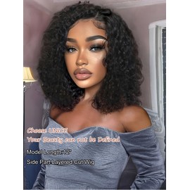 UNICE 14 inch Short Curly Bob Human Hair Wig Side Part with Drawstring Layered Cut Bye Bye Knots 13x4 Lace Front Glueless Wigs Human Hair Pre Plucked Pre Cut Ready to Go Black Color