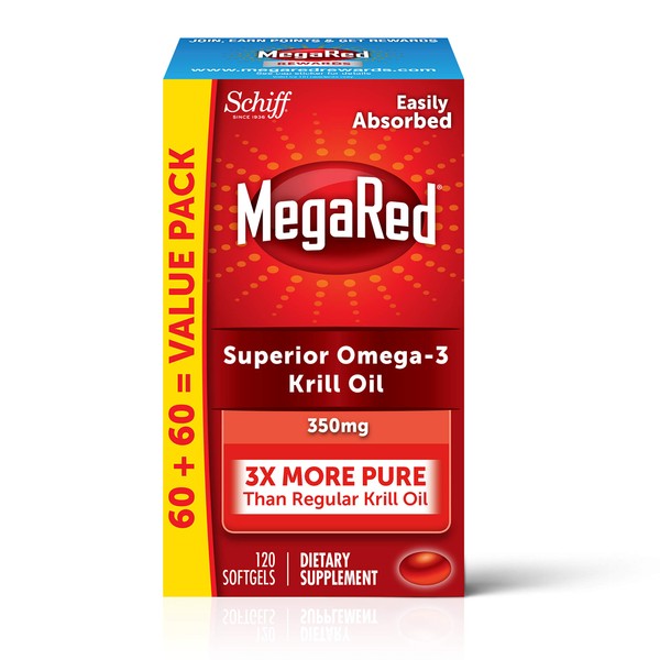 Omega-3 Krill Oil 350mg Softgels, MegaRed (120 count in a bottle), EPA & DHA Omega-3 Fatty Acids With No Fishy Aftertaste Unlike Fish Oil, Contains Antioxidant Astaxanthin