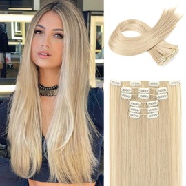 FLUFYMOOZ 6PC Clip-In Hair Extensions, 6-Piece Clip-in Hair Extension Set, 24 inch, Straight, Long, Extensions for Women, Synthetic Hairpiece (Ash Blonde)