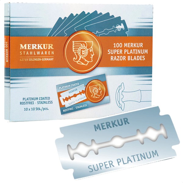 MERKUR Razor Blade Stainless Steel Super Platinum Silver 910 (Pack of 100) | Classic Double Sided Razor Blade with Platinum Coated | Ideal for Wet Shaving | Stainless Steel | Made in Germany