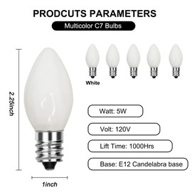 Konictom 25 Pack White Light Bulbs,C7 White Replacement Spare Incandescent Patriotic Light Bulbs,5w Vintage Glass Ceramic White Light Bulbs C7/E12 Base for Independence Day,Patriotic Parties Decor