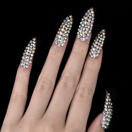 All Diamond Gorgeous, Press On Nails Long Stiletto EchiQ, Rhinestone Gem 3D Nails Art Design Fake Nails, French Acrylic Glossy Almond Faux Ongles Kits, Reusable Full Cover for Women Girls Gift, 24 pcs