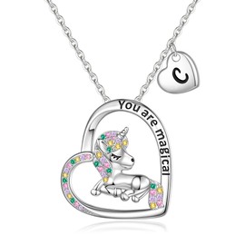 CIVOKINA Unicorns Gifts for Girls Necklace, Silver Unicorn Necklaces for Girls Heart Pendant initial Necklace Unicorn Letter Necklaces for Girls Kids Jewelry for Girls Teen Girls Gifts (C)