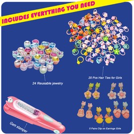 Hair Stamp Set with Reusable Glitter Gems and Rubber Bands - Girls Hair Styling Toys, Creative DIY Accessories, Birthday Gifts for Girls Aged 5-12