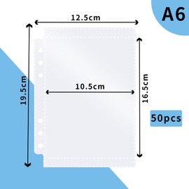 Pack of 50 A6 Binder Pockets Transparent Pockets Ring Binder Pockets A6 Without Zip Folder A6 Document Sleeves Budget Zipless Envelopes Ring Binder Pockets A6 Protective Cover with 6 Holes Plastic
